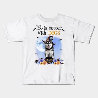 Husky Witch Hat Life Is Better With Dogs Halloween Kids T-Shirt